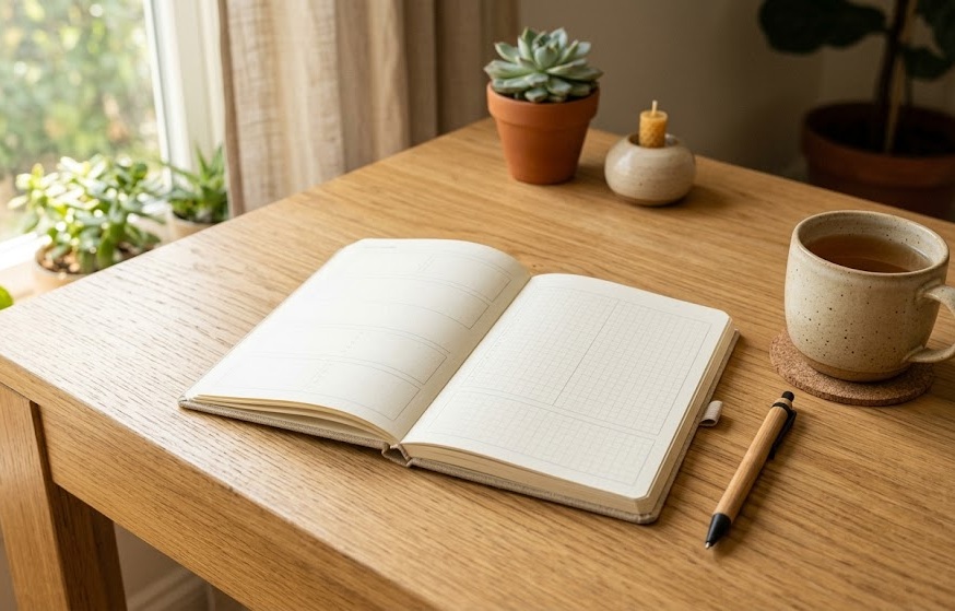Notes z prostym planem przerw i kubek herbaty na czystym biurku w naturalnym świetle